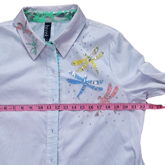 Berek White Whimsical Artsy Tunic Dragonfly Embellished Button Front Shirt Sz L - Picture 8 of 11